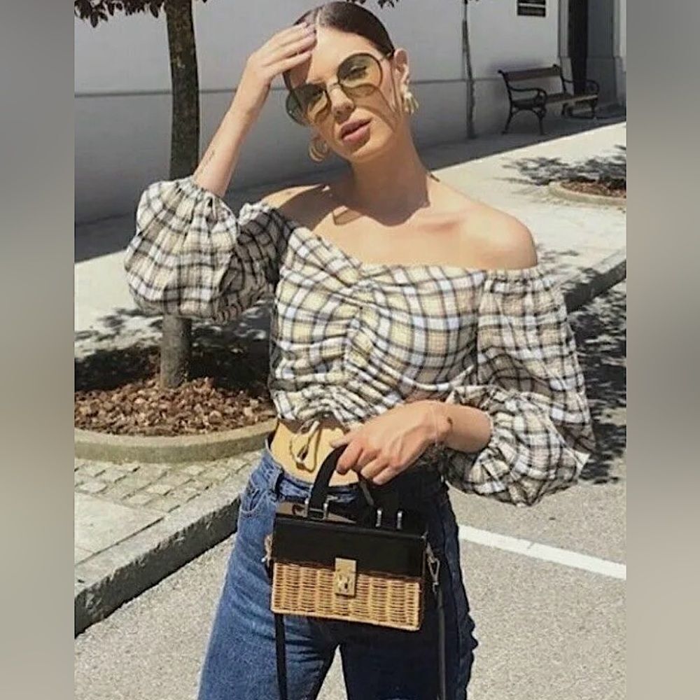 ZARA CREAM BLUE PLAID OFF SHOULDER TIE FRONT CROP TOP XS